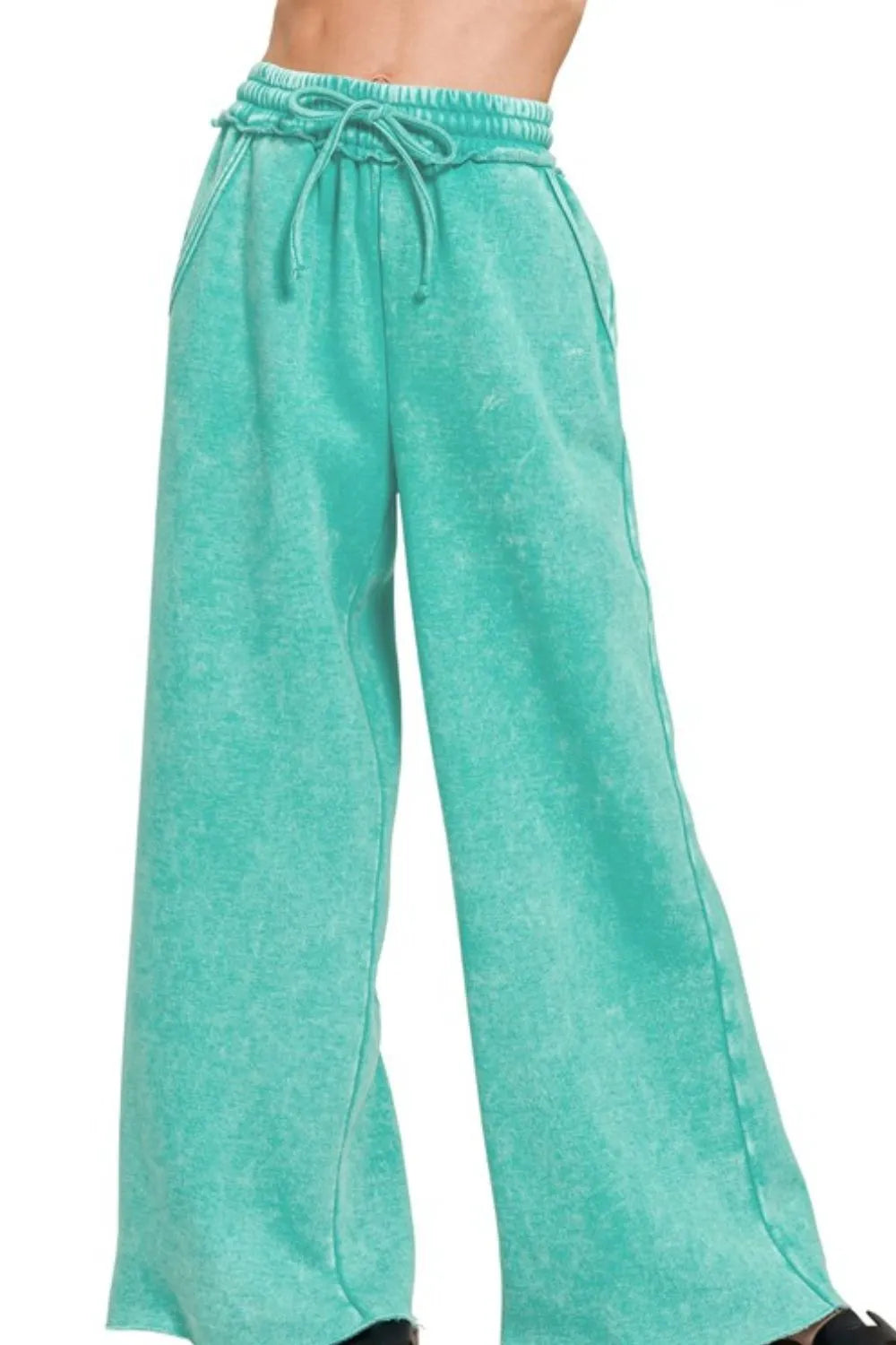 Acid Wash Fleece Palazzo Sweatpants with Pockets ZENANA TURQUOISE S