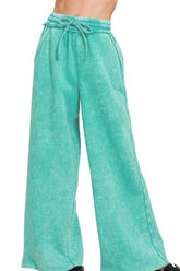 Acid Wash Fleece Palazzo Sweatpants with Pockets ZENANA TURQUOISE S