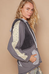 Half Zip Up Fleece Mix Back Star Patch Hoodie POL