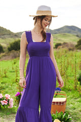 Smocked Bodice Strap Ruffle Tie Belt Jumpsuit Davi & Dani