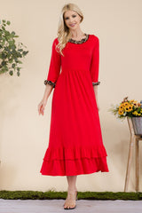 Leopard Trim Ruffle Detail Midi Dress Celeste