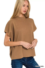 Viscose Mock Neck Short Sleeve Boxy Sweater ZENANA DEEP CAMEL S