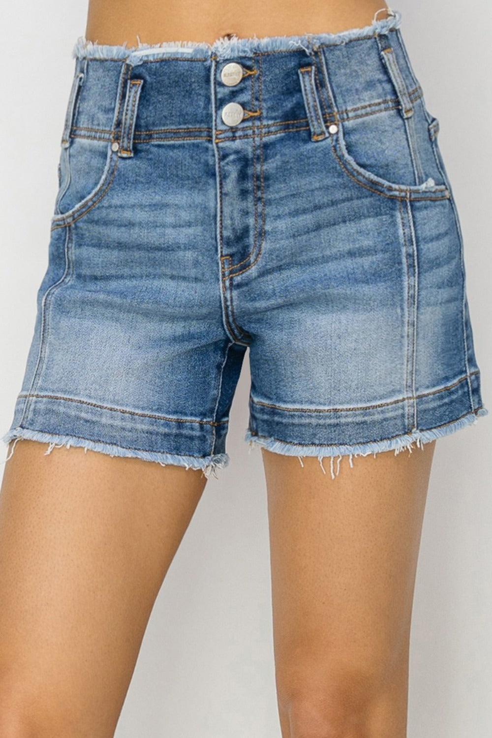 High Rise Seam Detailed Raw Edge Denim Shorts Risen Medium S