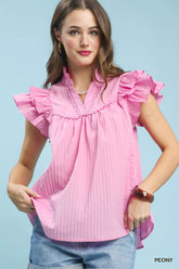 Ruffle Sleeve Textured Babydoll Blouse Umgee PEONY S