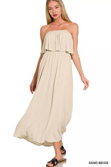 Woven Crinkle Strapless Maxi Dress ZENANA SAND BEIGE S