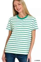 Striped Round Neck Short Sleeve T-Shirt ZENANA K GREEN S
