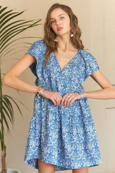 Printed V-Neck Ruffle Sleeve Mini Dress Adora Denim Blue S