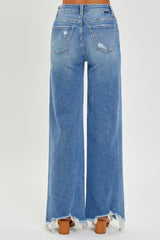 Full Size High Rise Frayed Hem Wide Leg Jeans Risen