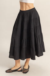 Double Gauze Tiered Midi Skirt with Pockets HYFVE Black S