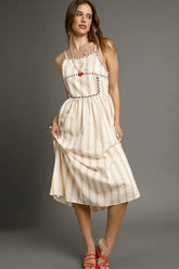 Striped Colorful Embroidered Trim Midi Cami Dress Umgee Tan S