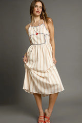 Striped Colorful Embroidered Trim Midi Cami Dress Umgee Tan S
