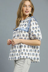 Ruffled Floral Print Puff Sleeve Blouse Umgee