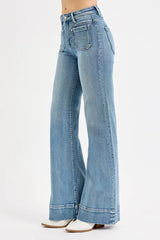 Retro High Rise Wide Flare Patch Pocket Jeans Plus Size Risen