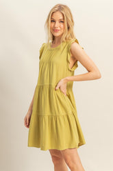 Round Neck Ruffle Sleeve Tiered Dress HYFVE Chartreuse S