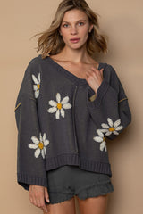 V-Neck Floral Pattern Chenille Sweater POL Charcoal S