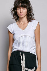 V-Neck Lightweight Textured Short Sleeve Knit Top with Lace Trim POL OFF WHITE S