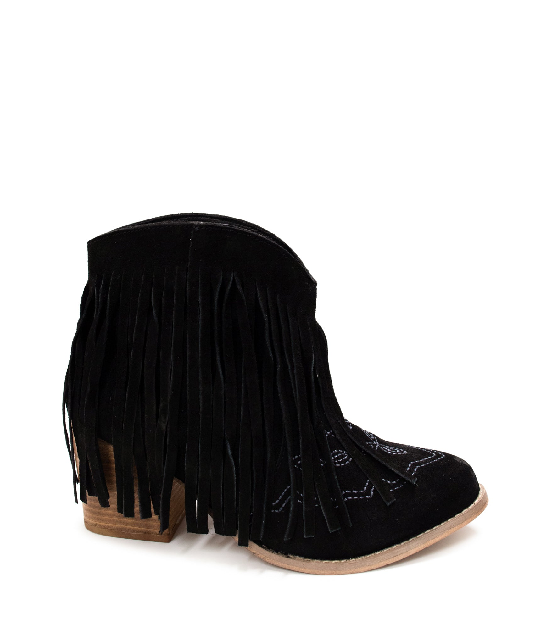 Amos Fringe & Stitch Black Suede Ankle Booties Naughty Monkey