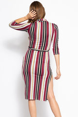 Chic Multicolor Striped Midi Dress with Waist Tie SALE