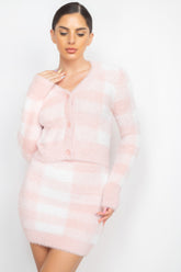 Blush Plaid Button-front Cropped Sweater Cardigan SALE