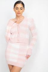 Blush Plaid Button-front Cropped Sweater Cardigan SALE