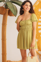 Light Green Woven Puff Short Sleeve Open Back Flare Mini Dress SALE