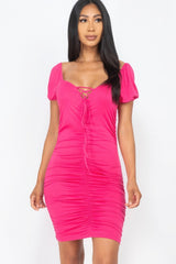 Pink Front Lace Up Ruched Mini Dress SALE