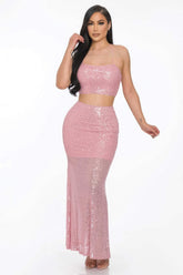 Baby Pink Sequin Maxi 2 Piece Crop Top & Mermaid Skirt SALE