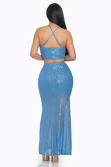 Baby Blue Sequin Maxi 2 Piece Crop Top & Mermaid Skirt SALE