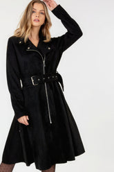Black Waist Belt Tacked Faux Suede Coat Solid Coat SALE
