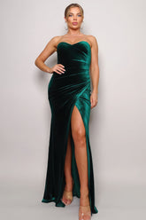 Strapless Sweetheart Crosssed Hem Silt Maxi Velvet Dress SALE S