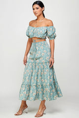 Floral Off-Shoulder Tie Crop Top & Skirt Two-Piece Set Simmer & Fay
