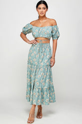 Floral Off-Shoulder Tie Crop Top & Skirt Two-Piece Set Simmer & Fay