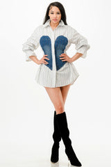 Chic Contrast Striped Shirt Tunic Dress with Denim Accents Simmer & Fay