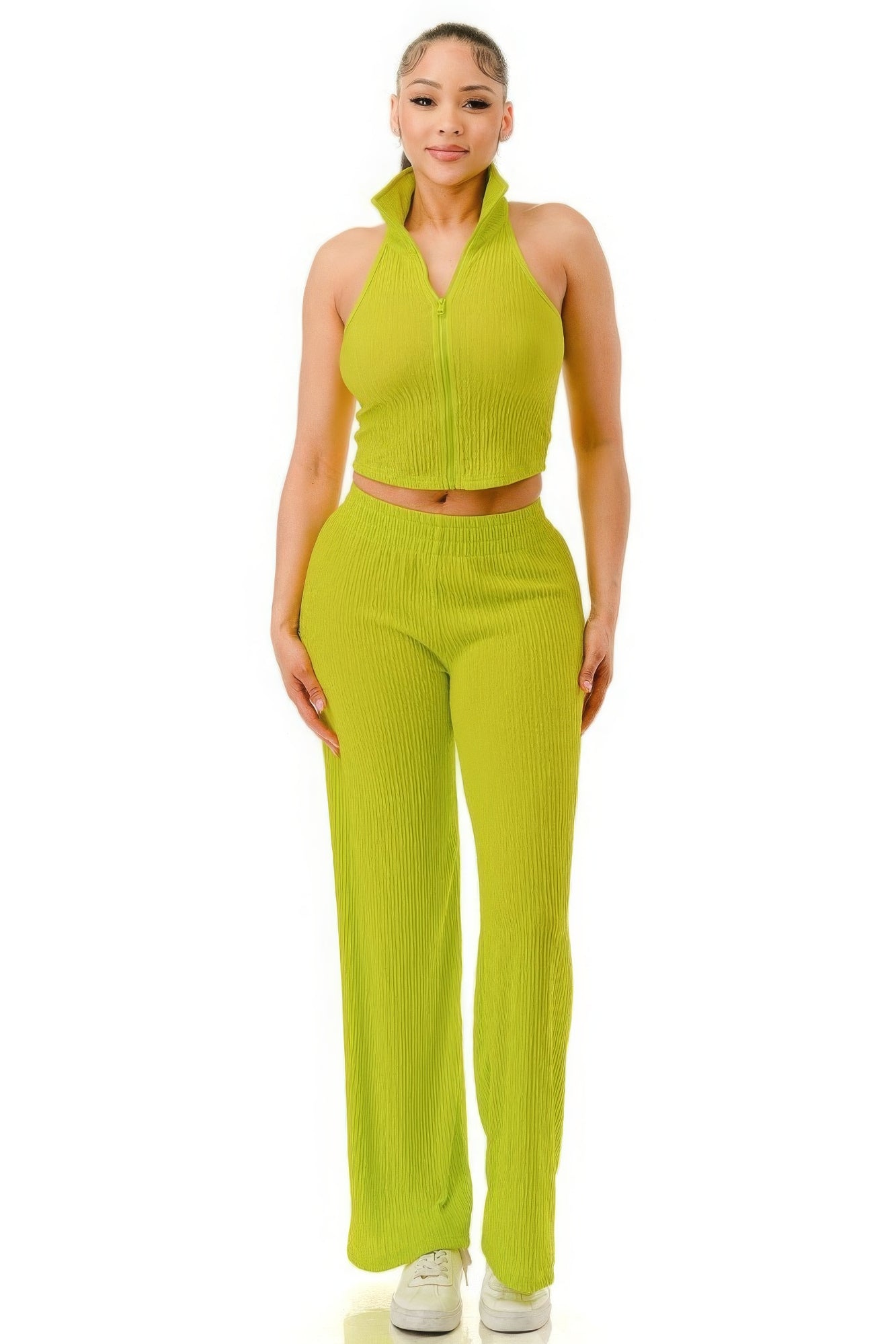 Vibrant Lime Crinkle Collared Halter Crop Top & Wide-Leg Pant Set Simmer & Fay