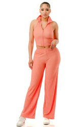 Coral Crinkle Collared Halter Crop Top & Wide-Leg Pant Set Simmer & Fay