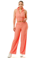 Coral Crinkle Collared Halter Crop Top & Wide-Leg Pant Set Simmer & Fay