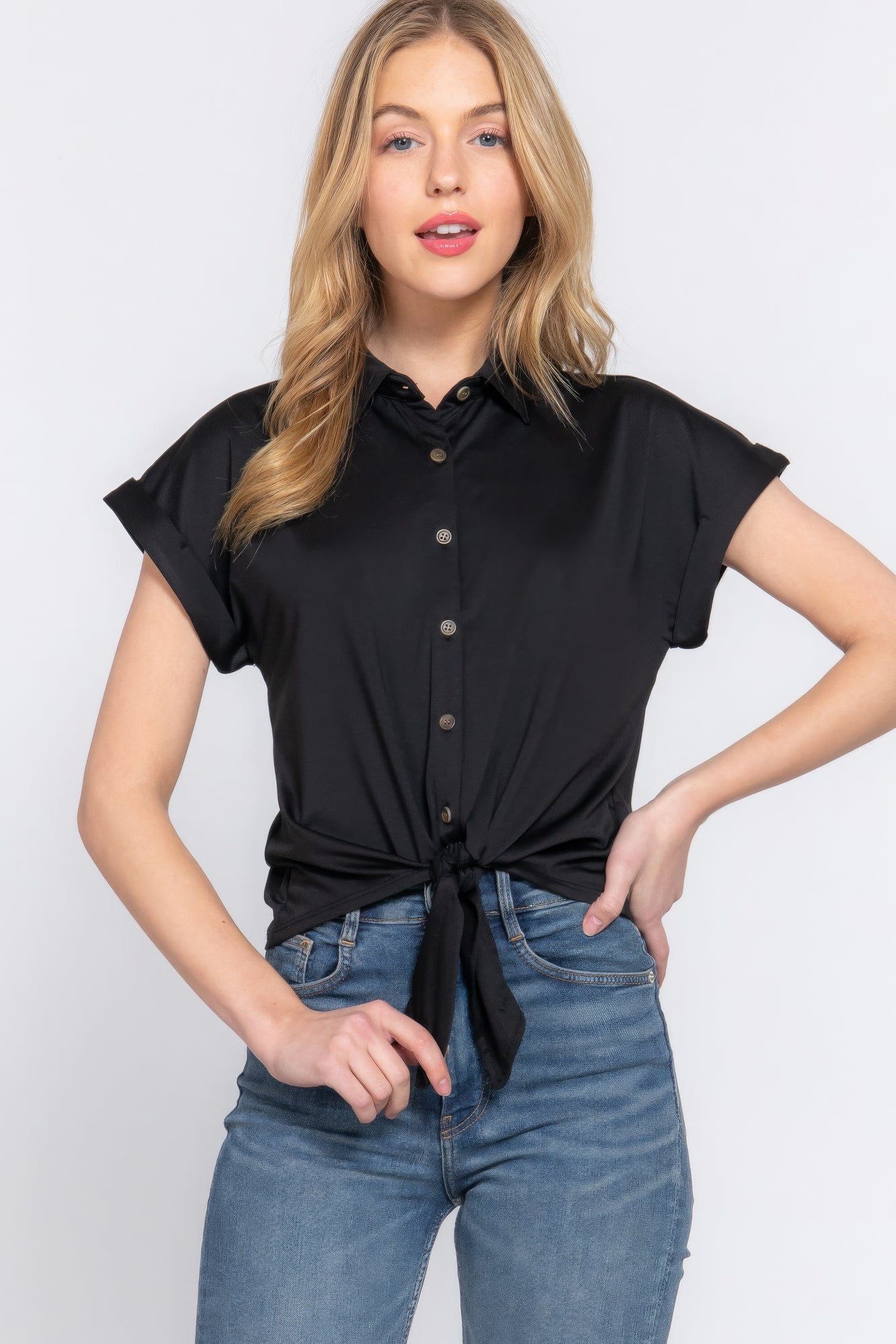 Button-Up Tie-Front Stretchy Short Sleeve Top Simmer & Fay