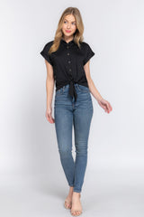 Button-Up Tie-Front Stretchy Short Sleeve Top Simmer & Fay