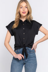 Button-Up Tie-Front Stretchy Short Sleeve Top Simmer & Fay