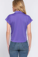 Vibrant Purple Button-Up Tie Front Short Sleeve Top Simmer & Fay