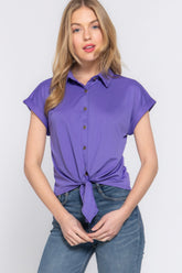 Vibrant Purple Button-Up Tie Front Short Sleeve Top Simmer & Fay