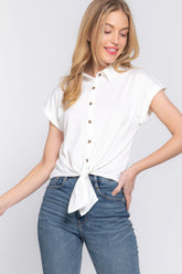 White Button-Up Tie Front Short Sleeve Top Simmer & Fay