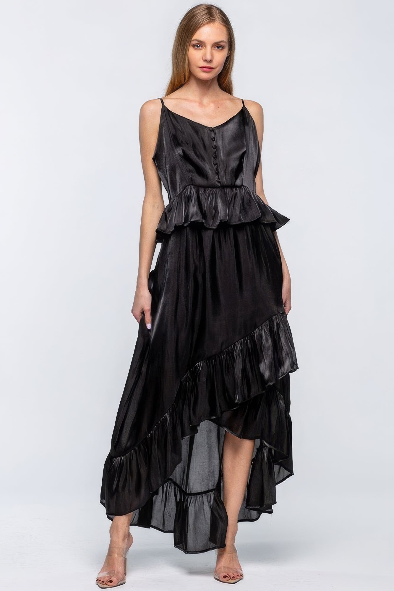 High-Low Maxi Dress - Ruffled Asymmetrical Hem Simmer & Fay