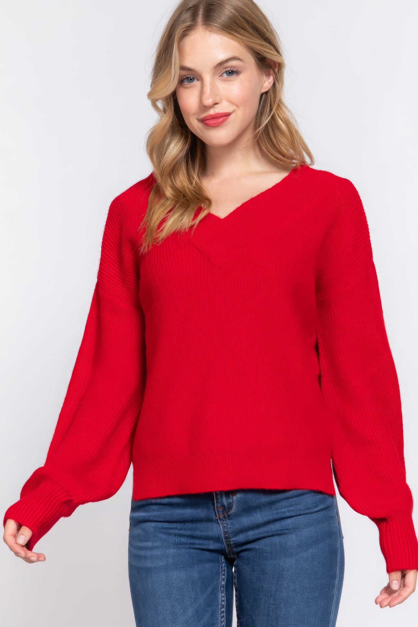 Cozy Red Long Sleeve Double V-neck Sweater Simmer & Fay