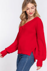 Cozy Red Long Sleeve Double V-neck Sweater Simmer & Fay