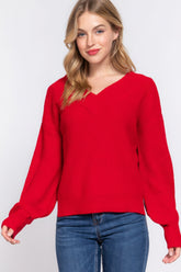 Cozy Red Long Sleeve Double V-neck Sweater Simmer & Fay