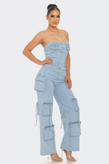 Stretch Denim Strapless Cargo Jumpsuit - Light Wash Simmer & Fay