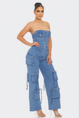 Stretch Denim Strapless Cargo Jumpsuit Simmer & Fay