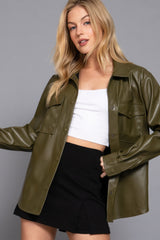 Long Sleeve Olive Faux Leather Shacket Simmer & Fay