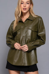 Long Sleeve Olive Faux Leather Shacket Simmer & Fay
